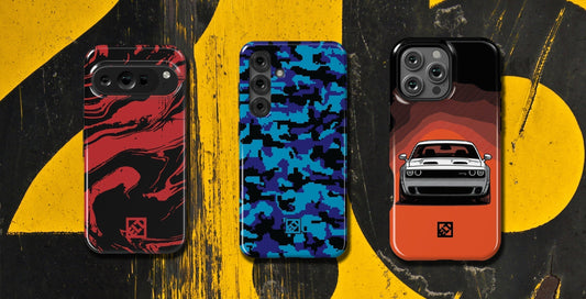 Red and Black Swirl Phone Case, Blue Digital Camo Phone Case and Challenger Hellcat Illustration Phone Case side by side showcasing ELD artistic phone cases