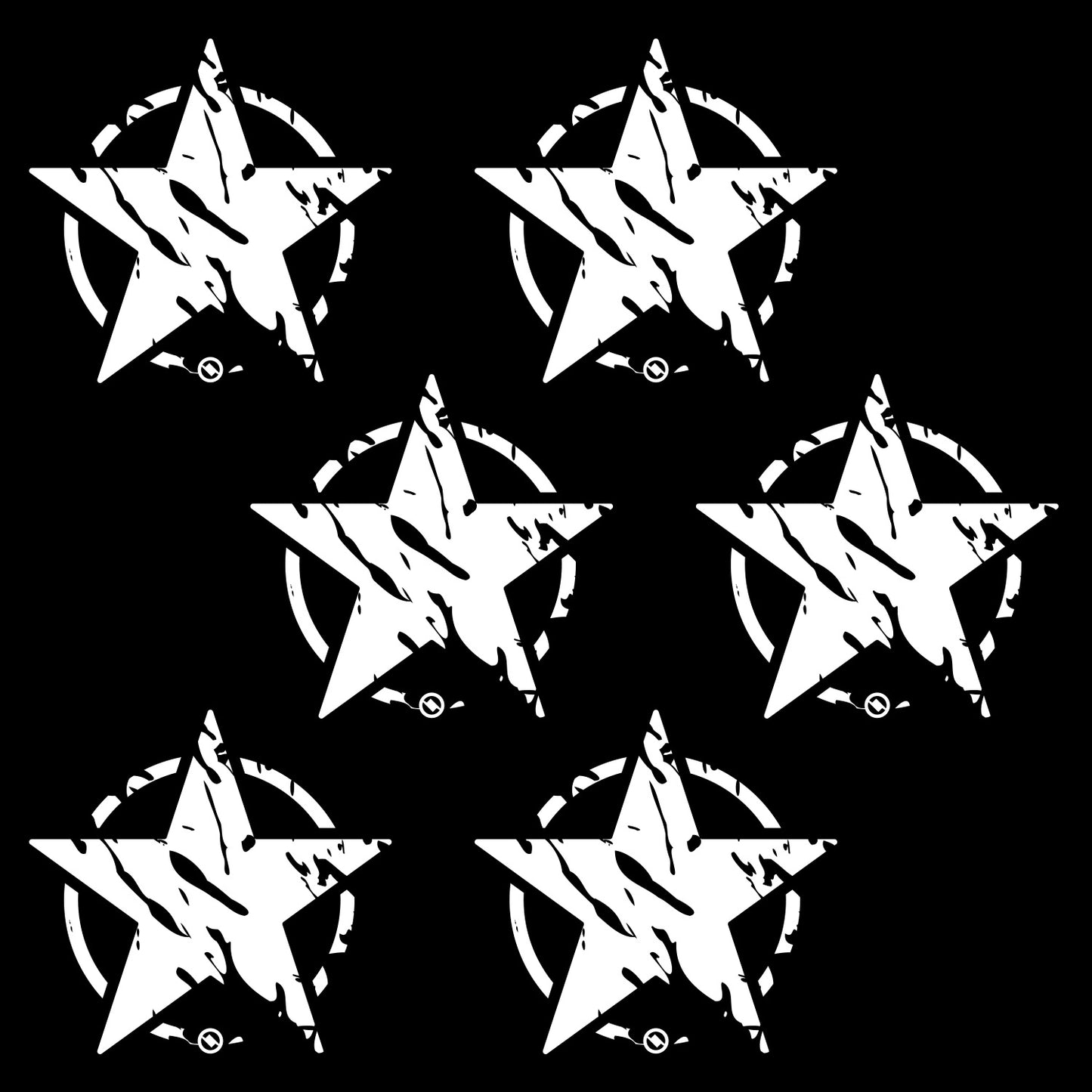 Six white distressed star designs with on a black background