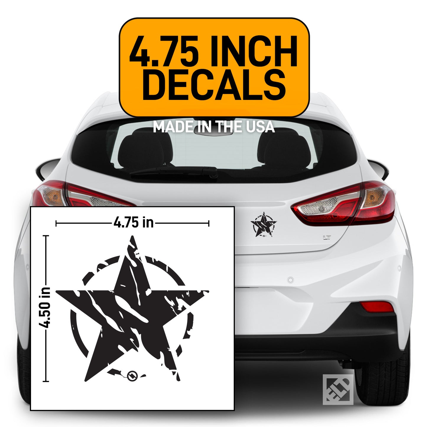 Car with a distressed star design decal and measurement chart on the back, with text indicating decal size and origin.