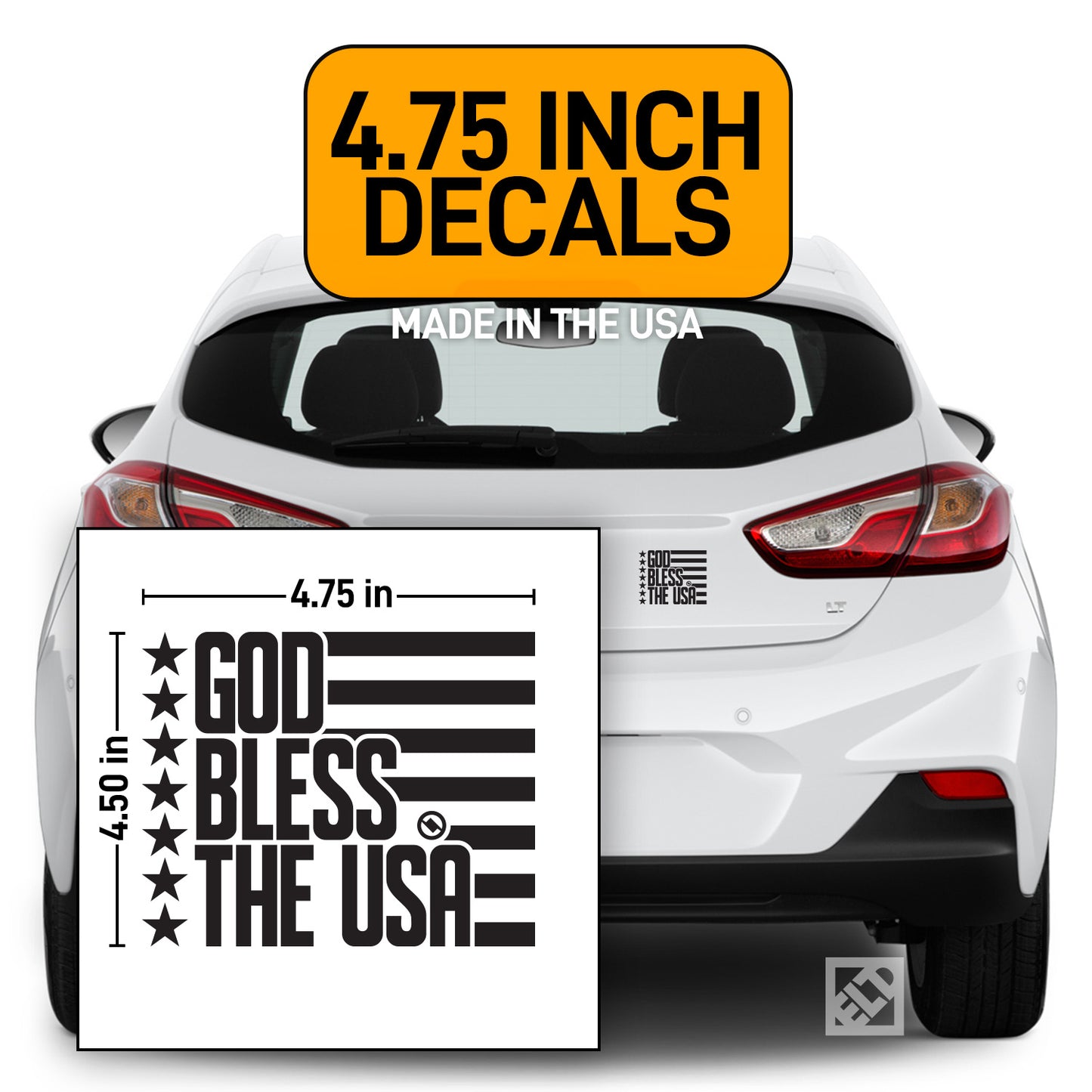 Black 4.75 inch decal with 'GOD BLESS THE USA' design displayed on a white Chevrolet Cruze.