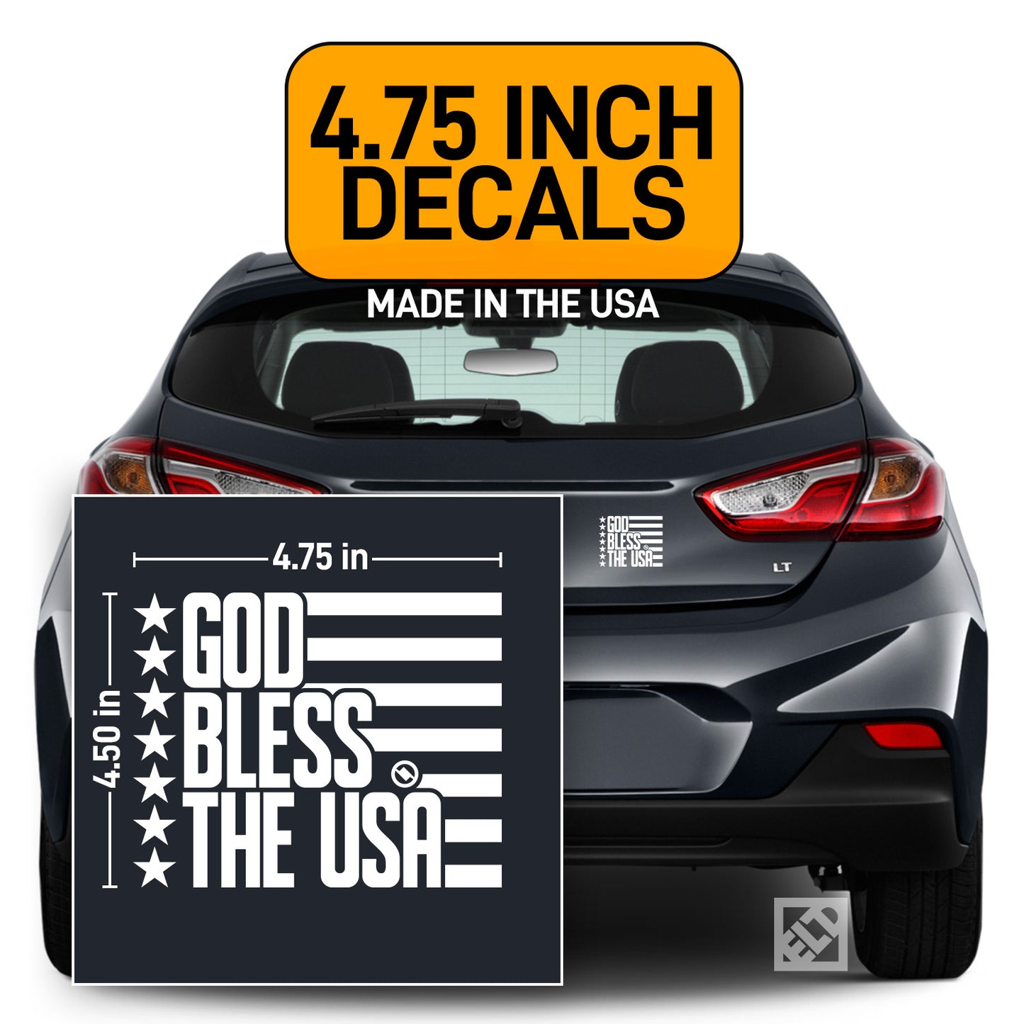 White 4.75 inch decal with 'GOD BLESS THE USA' design displayed on a dark gray Chevrolet Cruze.