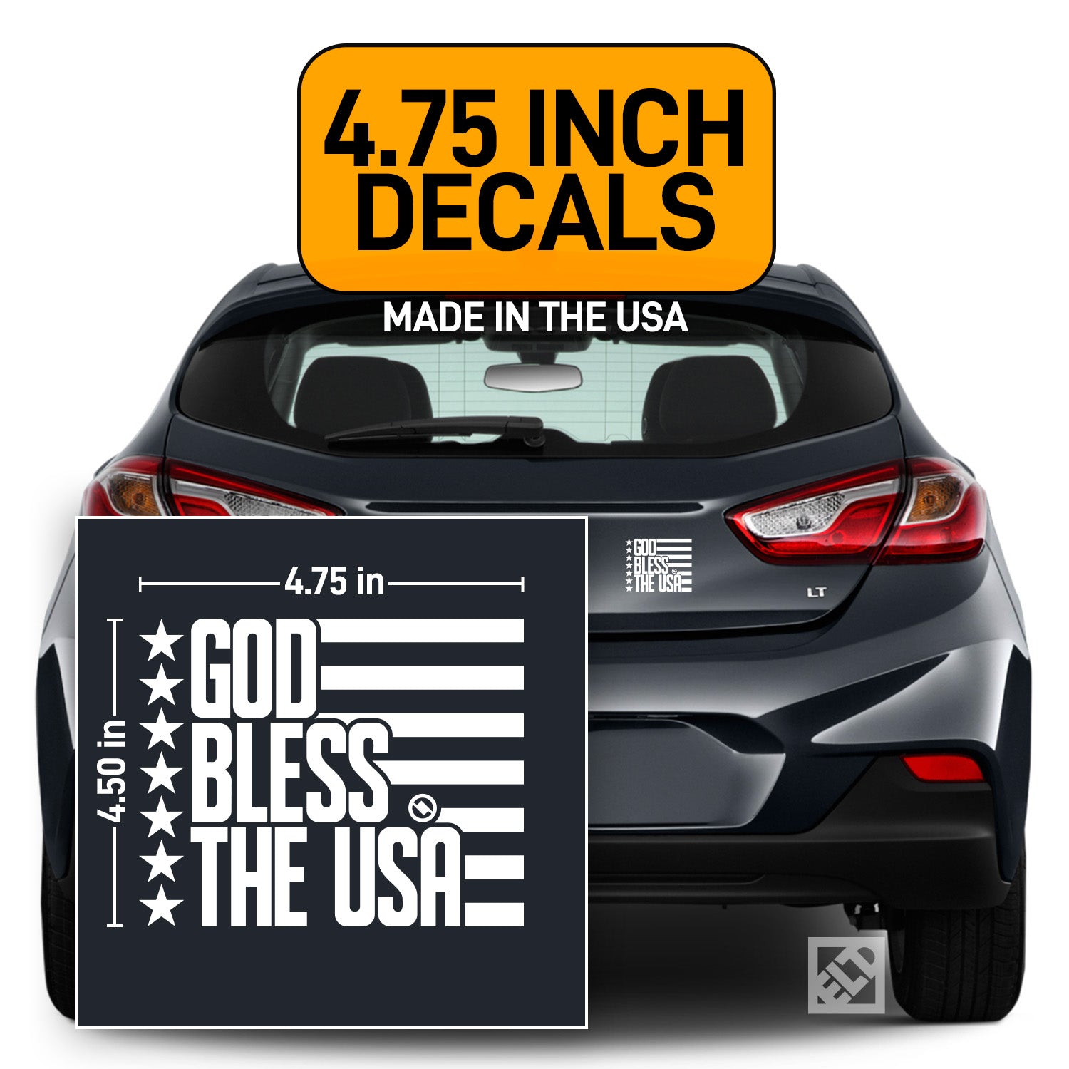 White 4.75 inch decal with 'GOD BLESS THE USA' design displayed on a dark gray Chevrolet Cruze.