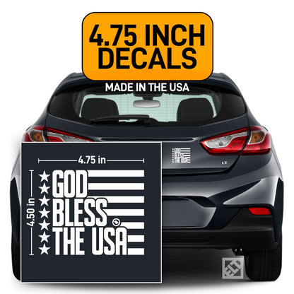 White 4.75 inch decal with 'GOD BLESS THE USA' design displayed on a dark gray Chevrolet Cruze.