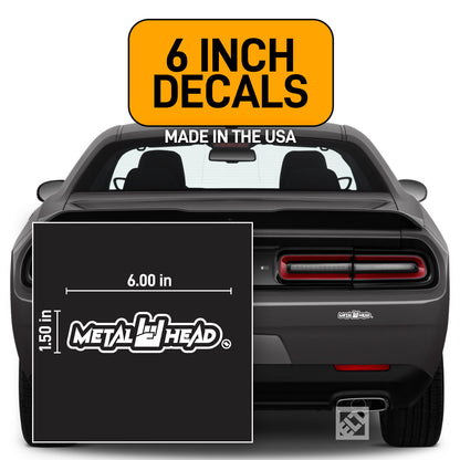 White 6 inch, Metalhead Horns Hand, vinyl decal on dark gray Dodge Challenger.