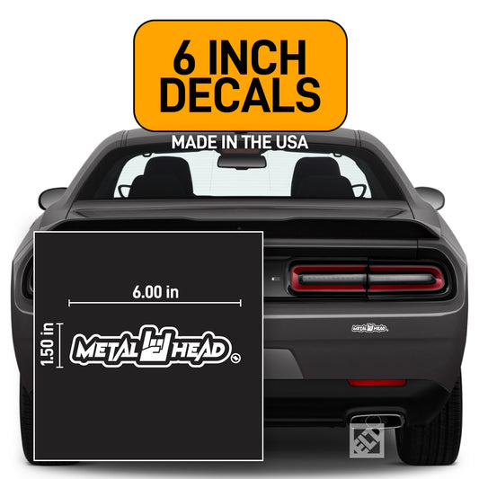 White 6 inch, Metalhead Horns Hand, vinyl decal on dark gray Dodge Challenger.