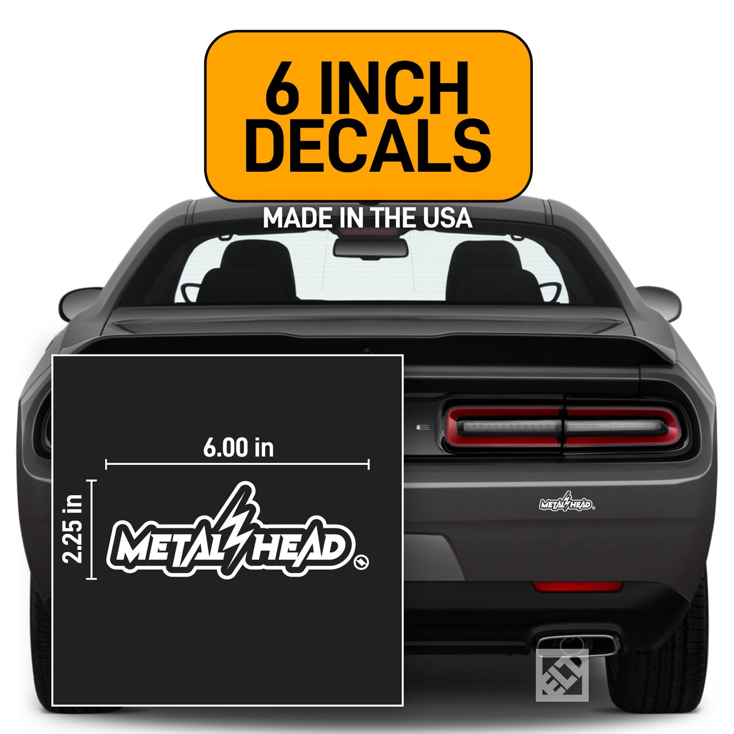 White 6 inch, Metalhead Lightning  Bolt, vinyl decal on dark gray Dodge Challenger.