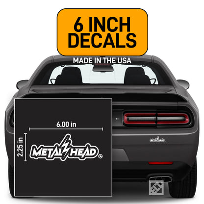White 6 inch, Metalhead Lightning  Bolt, vinyl decal on dark gray Dodge Challenger.