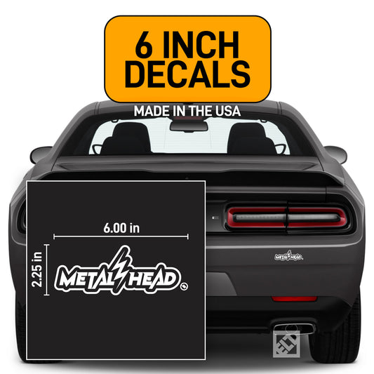 White 6 inch, Metalhead Lightning  Bolt, vinyl decal on dark gray Dodge Challenger.