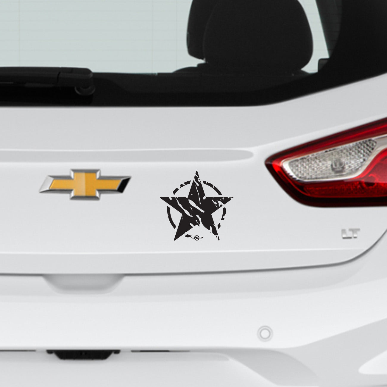 Close up of black Distressed Star design decal on rear of car