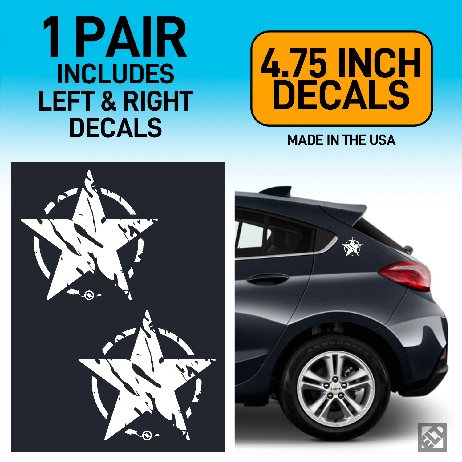 Distressed star design decals with text about size and origin on a blue background