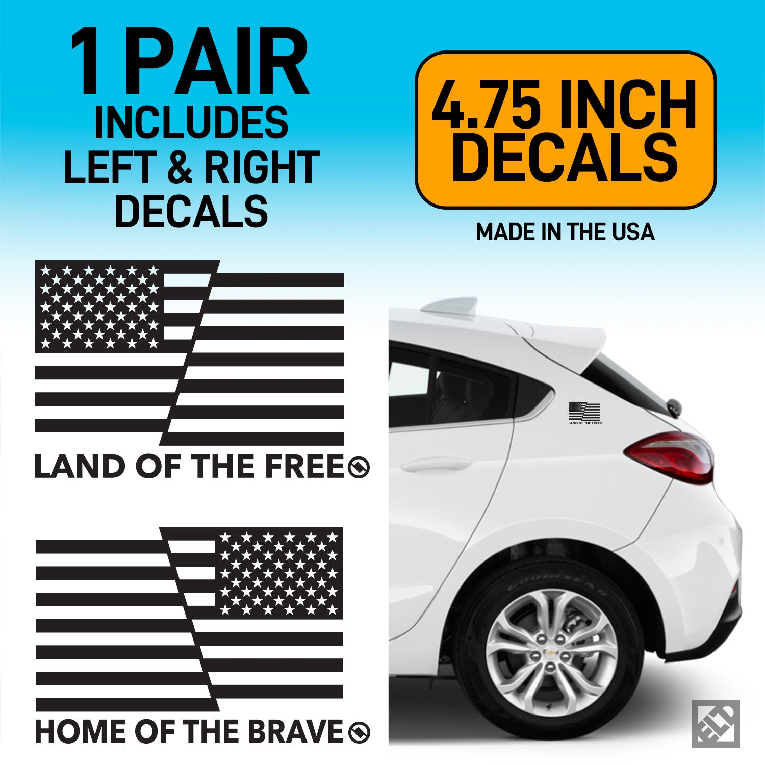Land of the Free and Home of the Brave American flag black decals on a white car