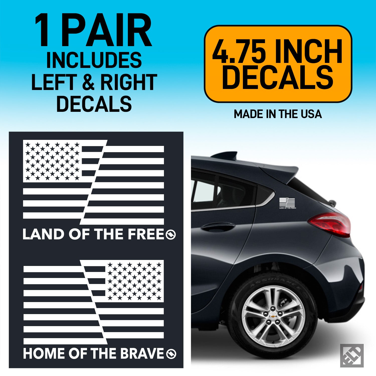 Land of the Free and Home of the Brave American flag white decals on a dark gray car