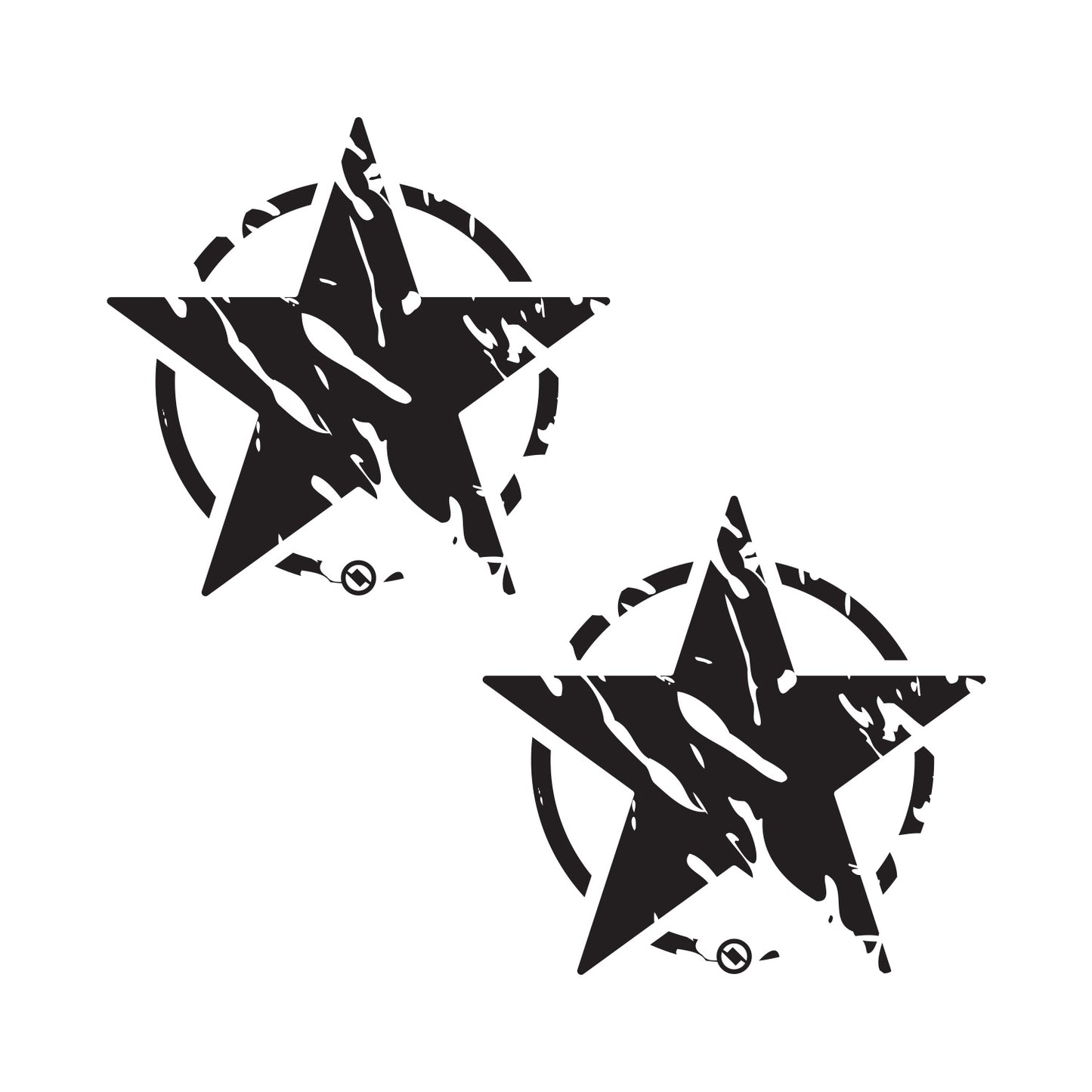 Two black distressed star designs with on a white background