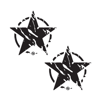 Two black distressed star designs with on a white background