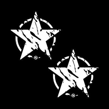 Two white distressed star designs with on a black background