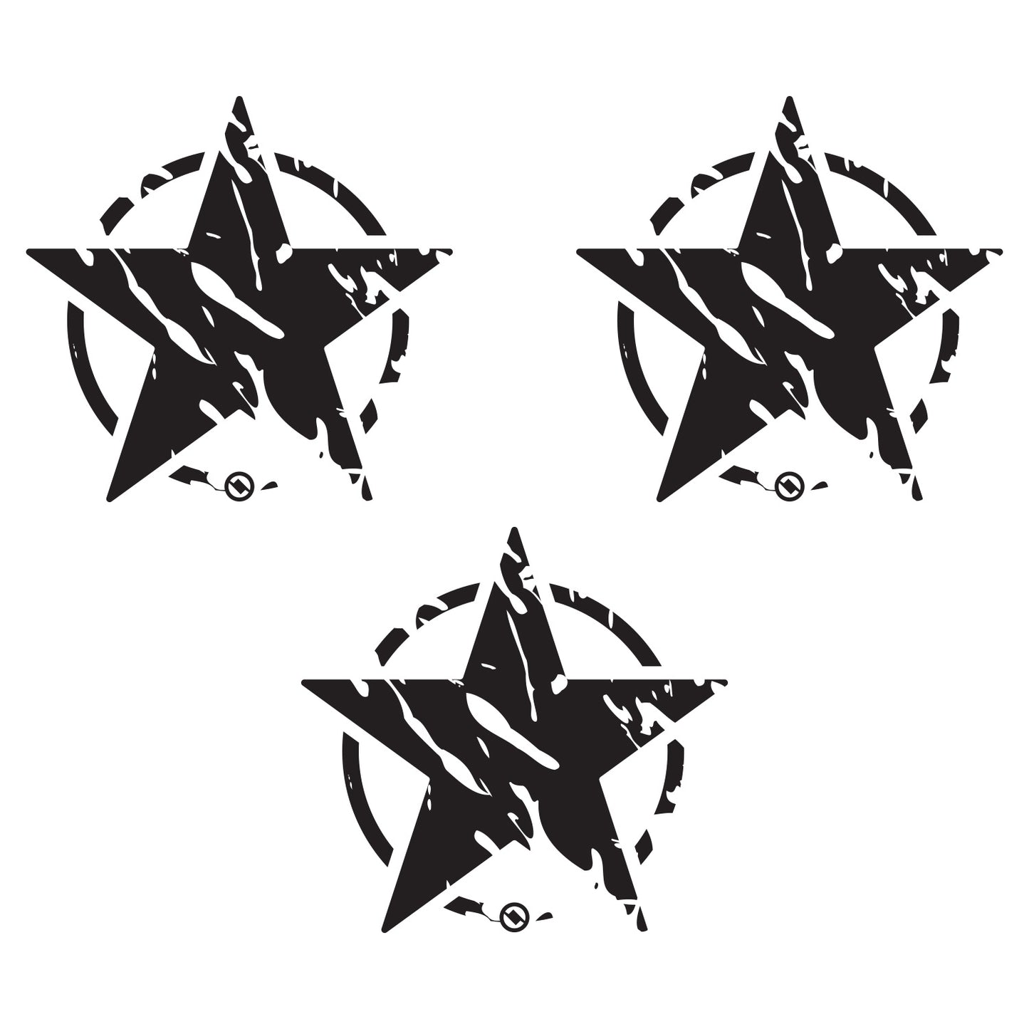 Three black distressed star designs with on a white background