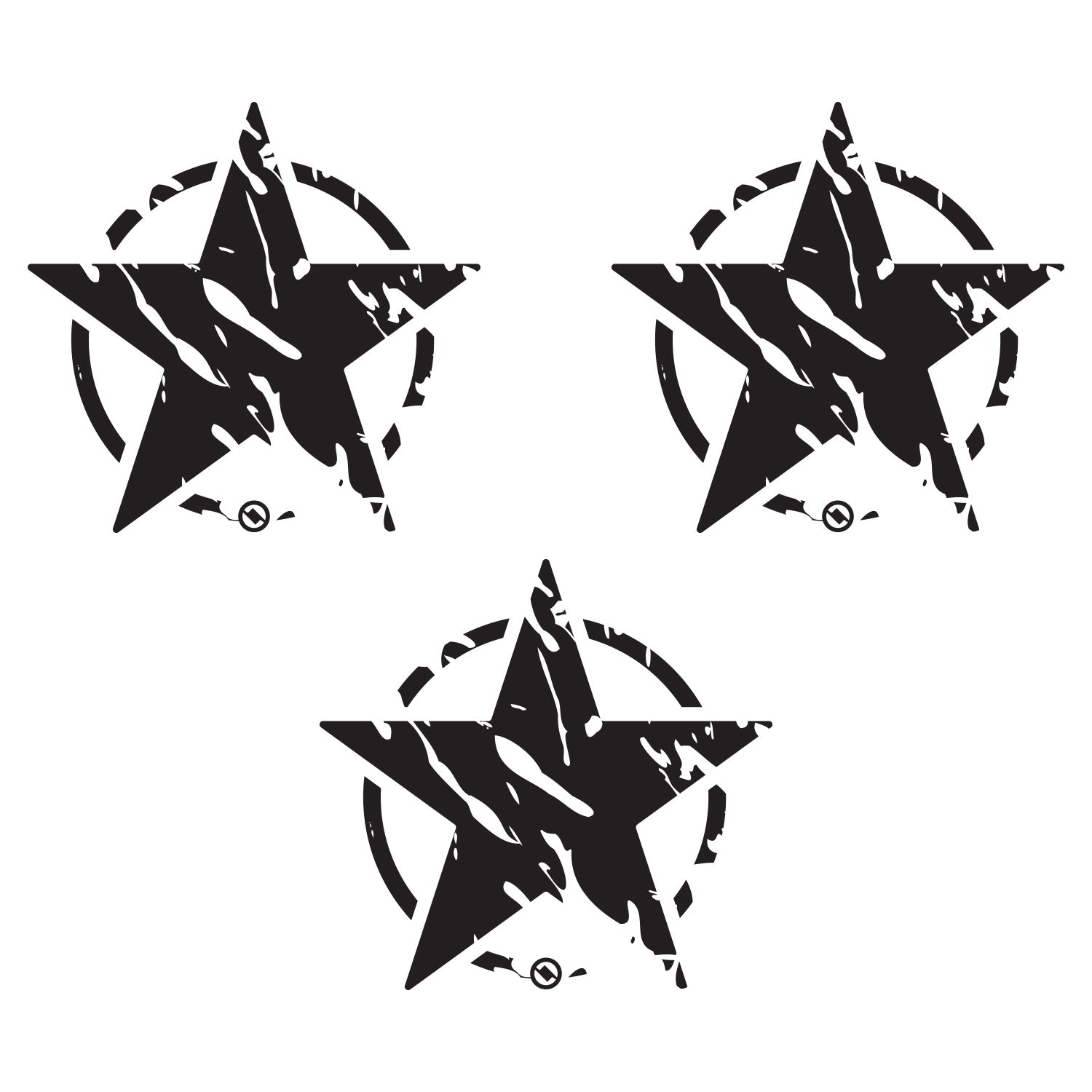 Three black distressed star designs with on a white background