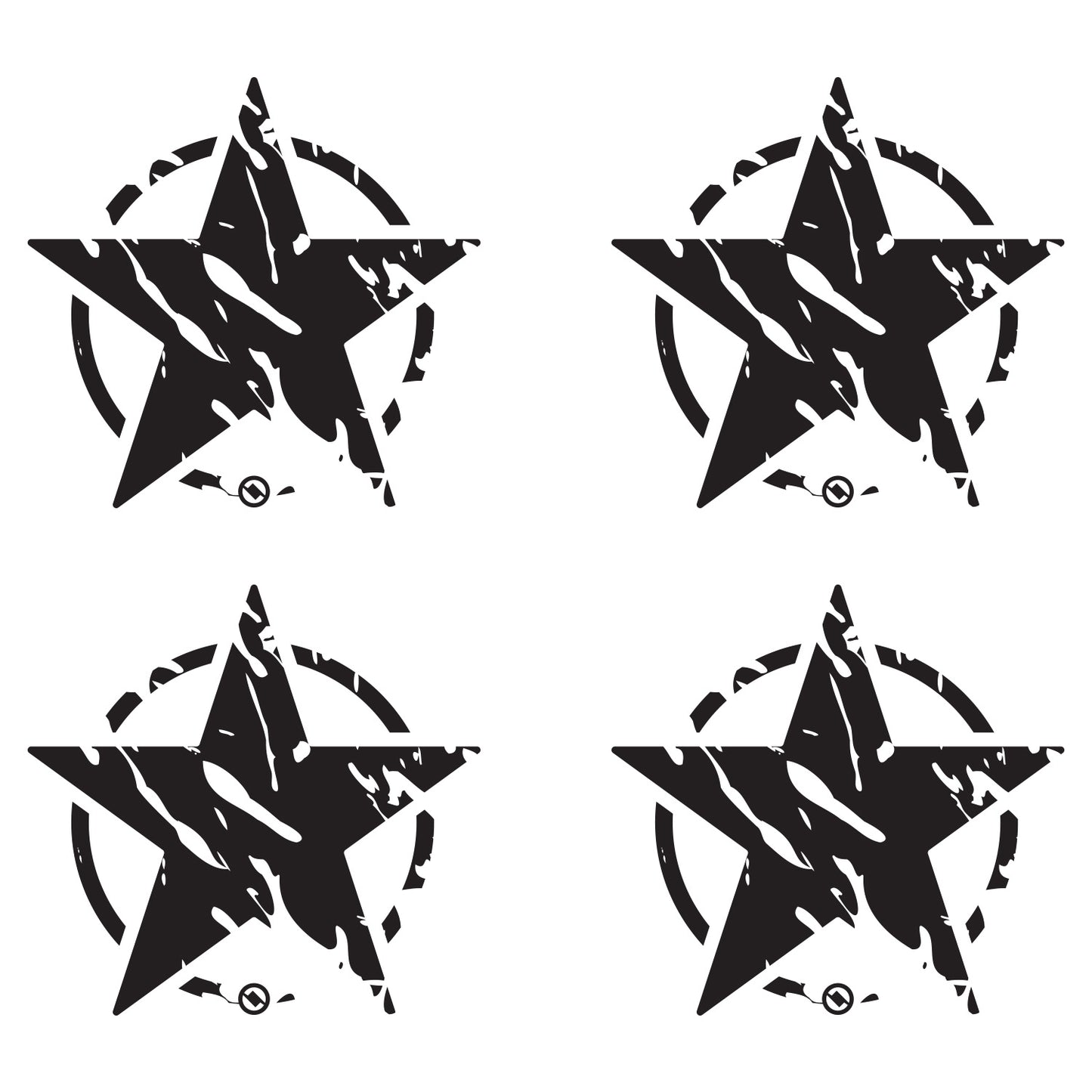 Four black distressed star designs with on a white background