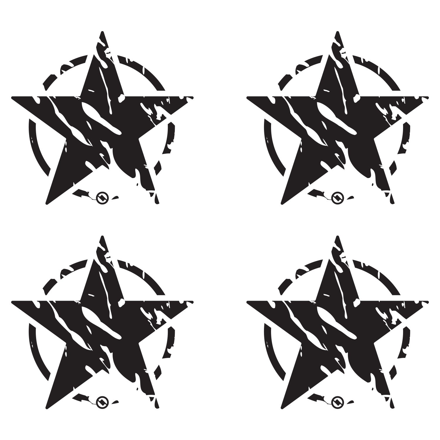 Four black distressed star designs with on a white background