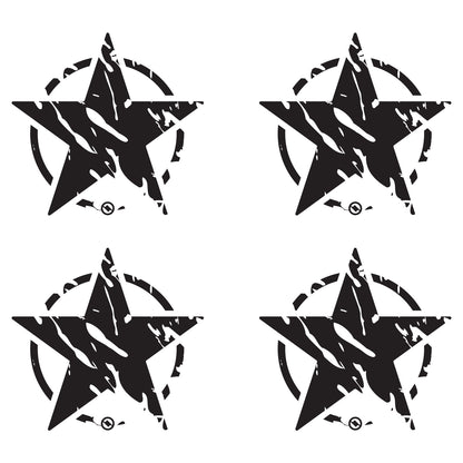 Four black distressed star designs with on a white background