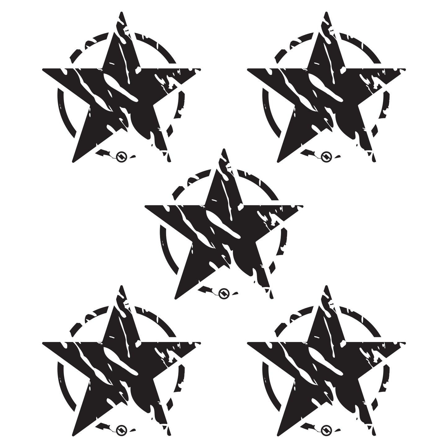 Five black distressed star designs with on a white background