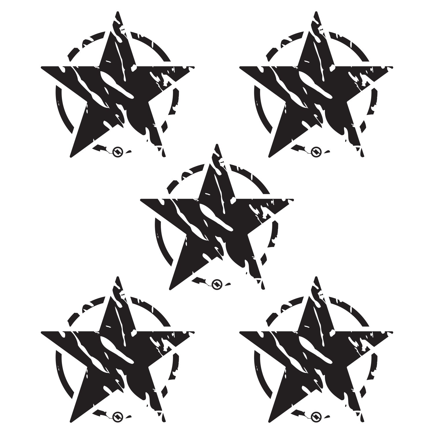Five black distressed star designs with on a white background