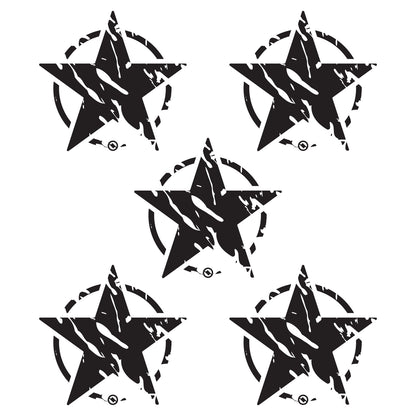 Five black distressed star designs with on a white background