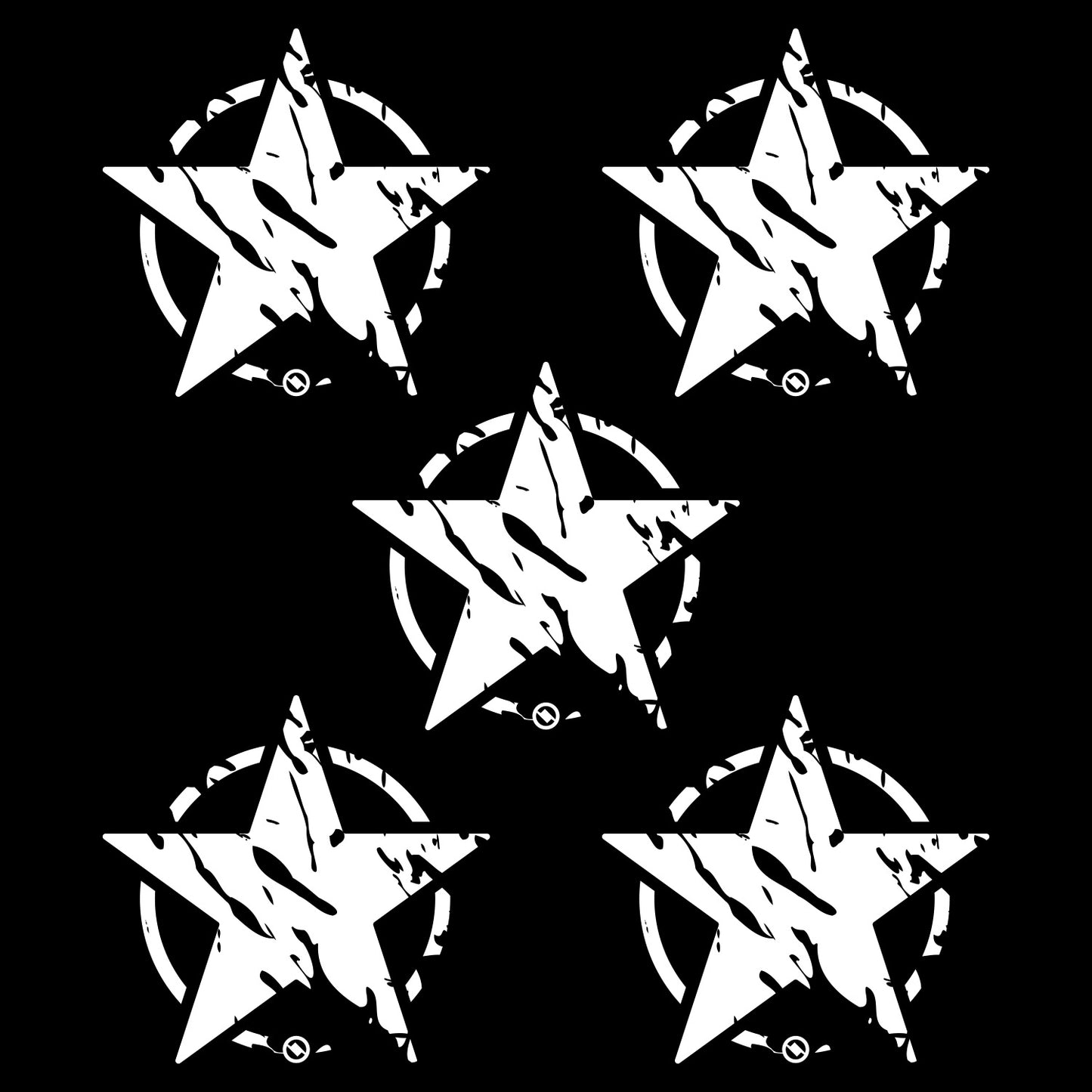 Five white distressed star designs with on a black background