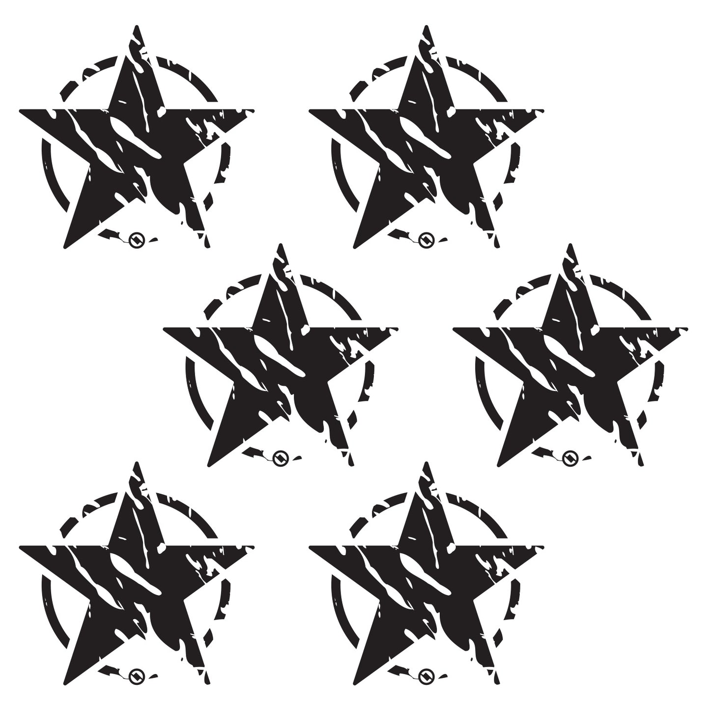 Six black distressed star designs with on a white background