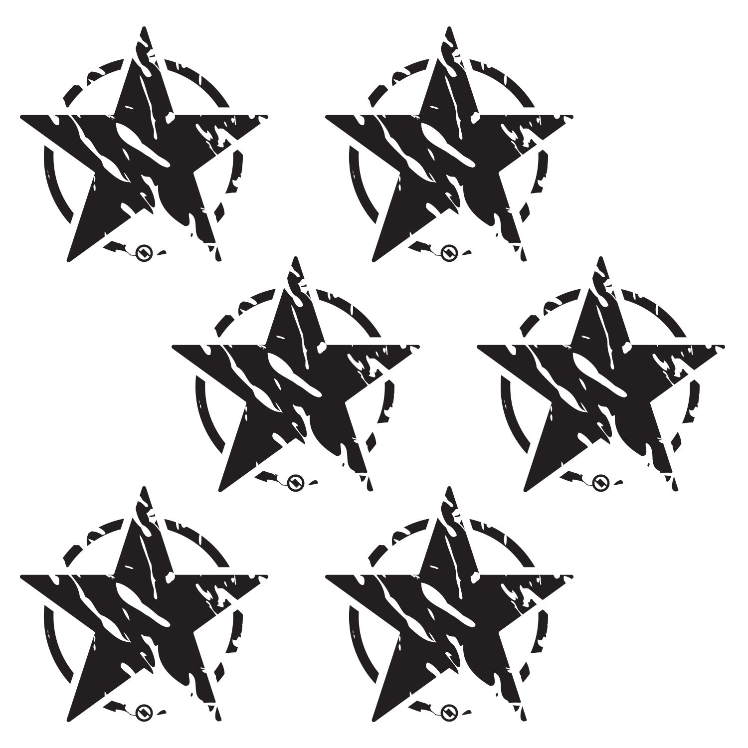 Six black distressed star designs with on a white background