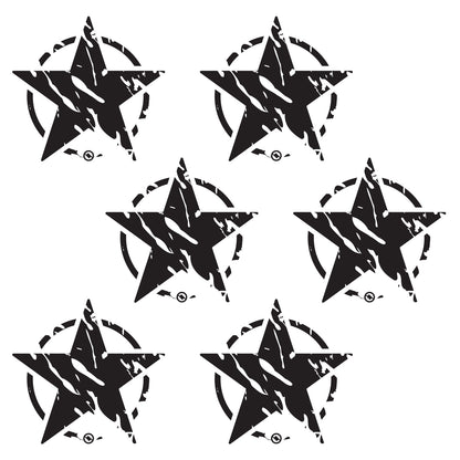 Six black distressed star designs with on a white background