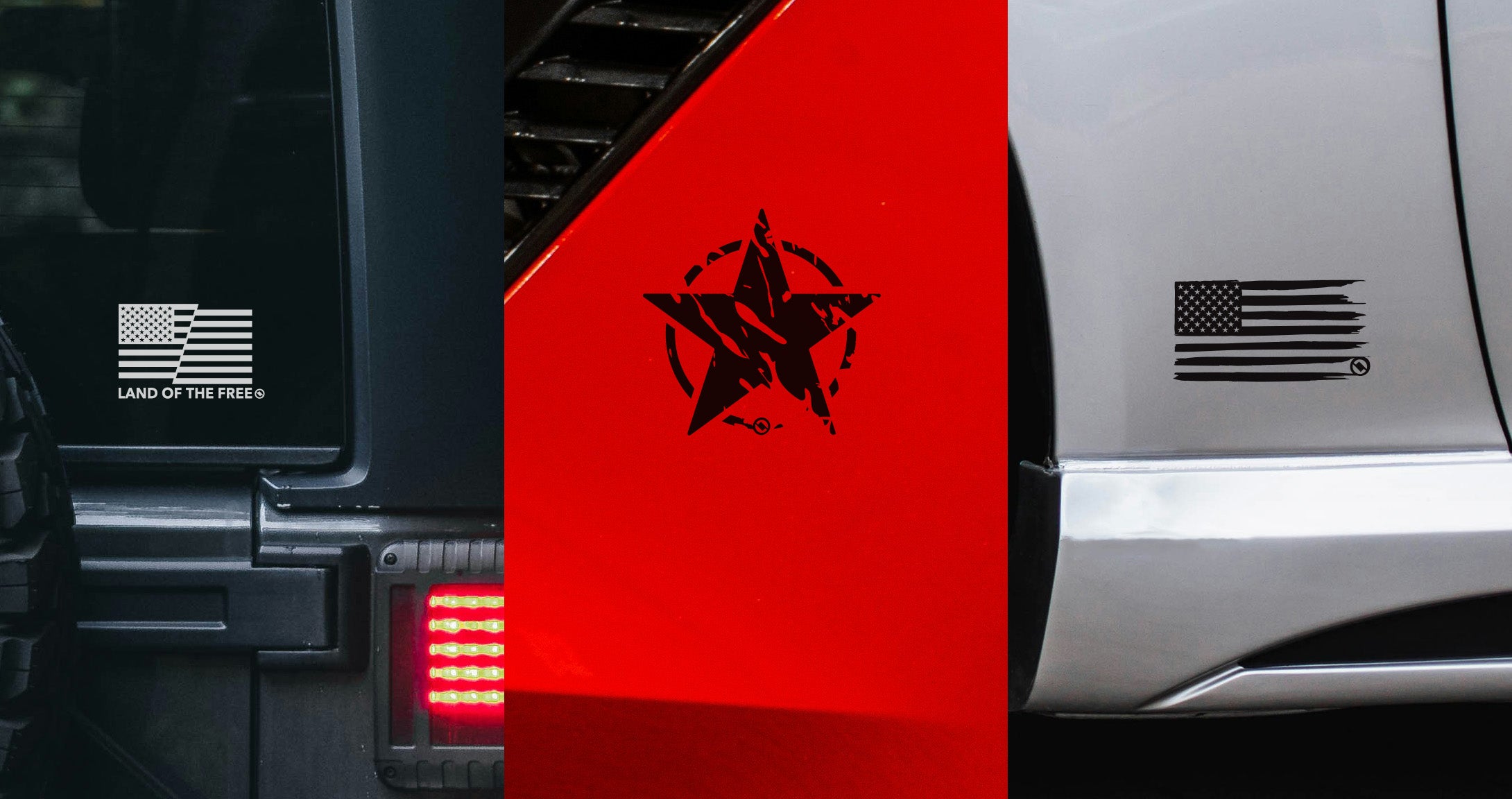 Collage image showing three patriotic American vinyl decal designs on three  cars.