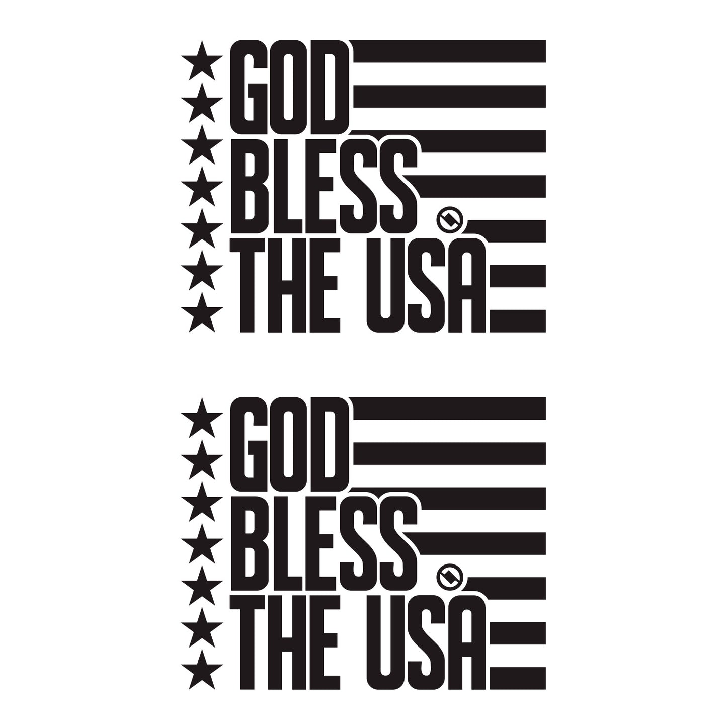 Black 4.75 inch decal 2 pack with 'GOD BLESS THE USA' stars and stripes design.