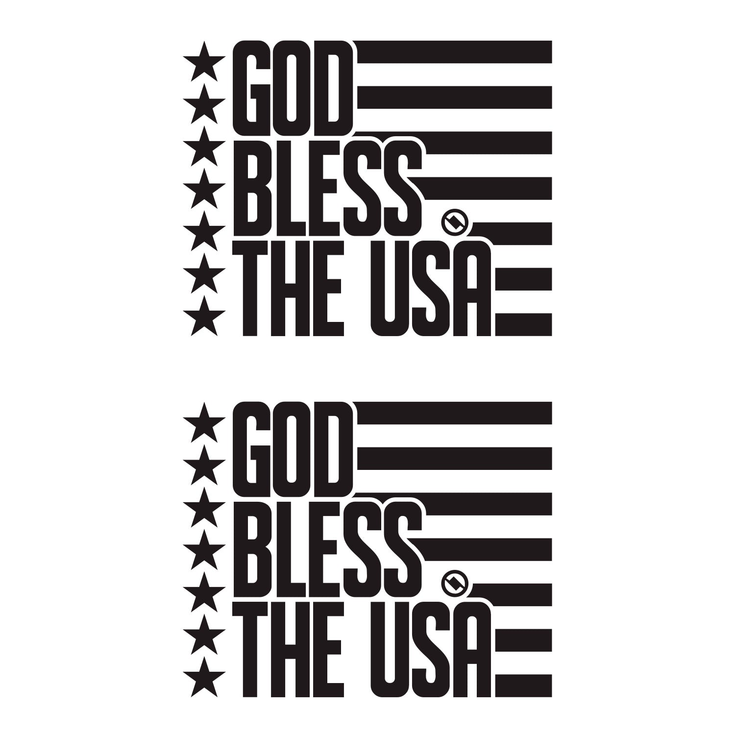 Black 4.75 inch decal 2 pack with 'GOD BLESS THE USA' stars and stripes design.