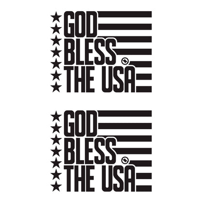 Black 4.75 inch decal 2 pack with 'GOD BLESS THE USA' stars and stripes design.
