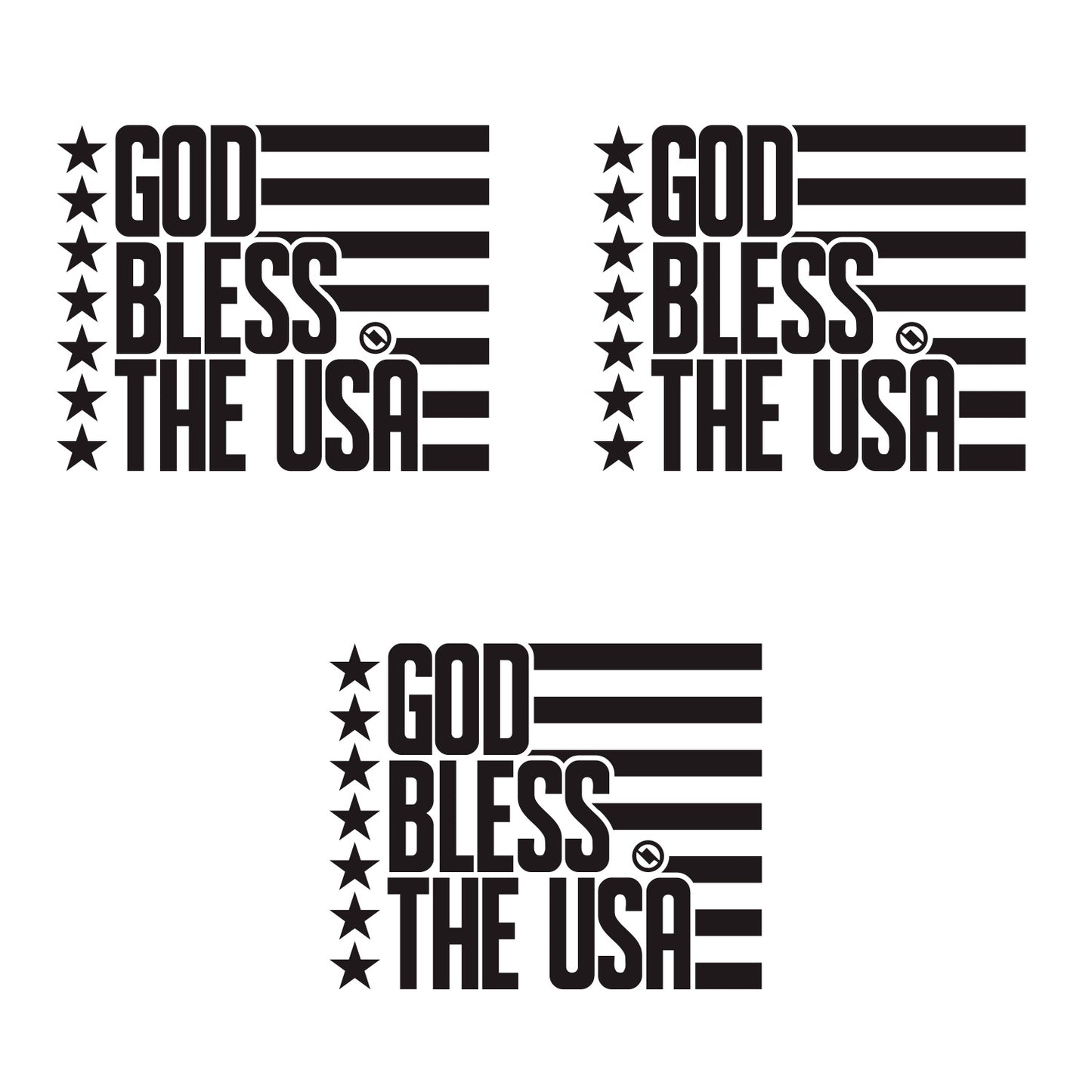 Black 4.75 inch decal 3 pack with 'GOD BLESS THE USA' stars and stripes design.