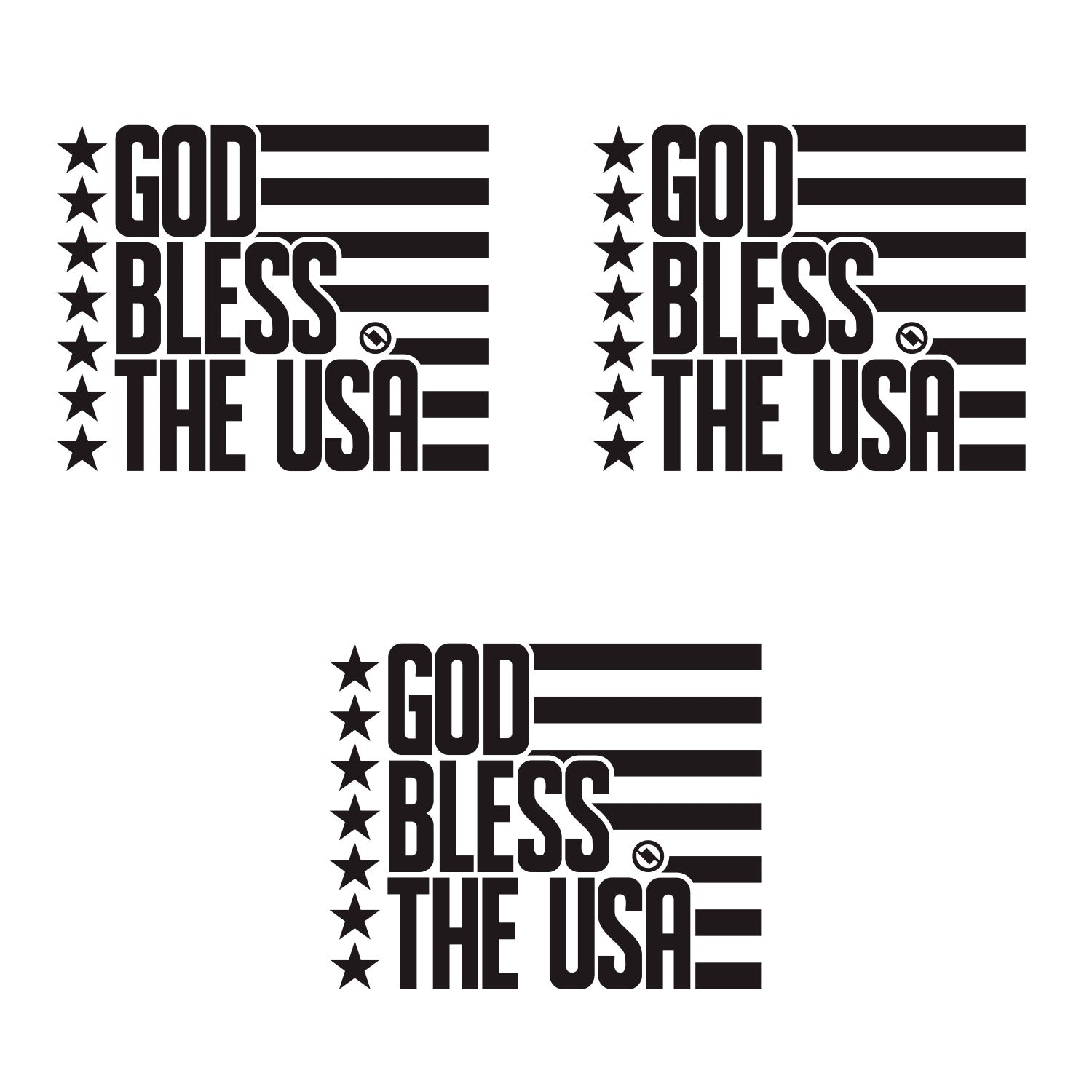 Black 4.75 inch decal 3 pack with 'GOD BLESS THE USA' stars and stripes design.