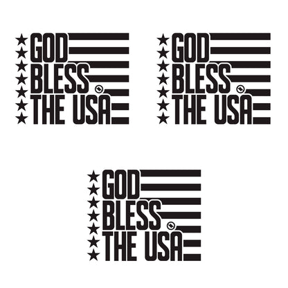 Black 4.75 inch decal 3 pack with 'GOD BLESS THE USA' stars and stripes design.