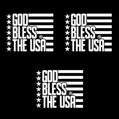White 4.75 inch decal 3 pack with 'GOD BLESS THE USA' stars and stripes design.
