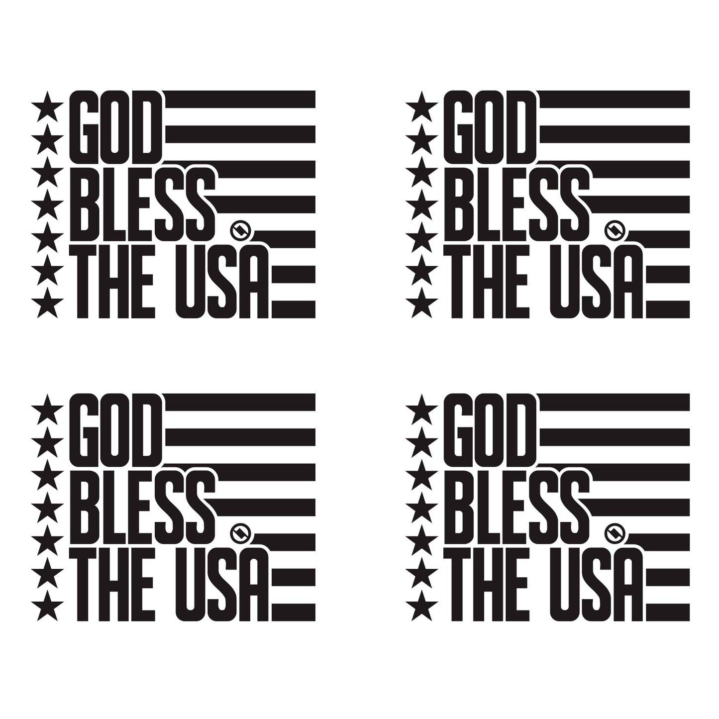 Black 4.75 inch decal 4 pack with 'GOD BLESS THE USA' stars and stripes design.