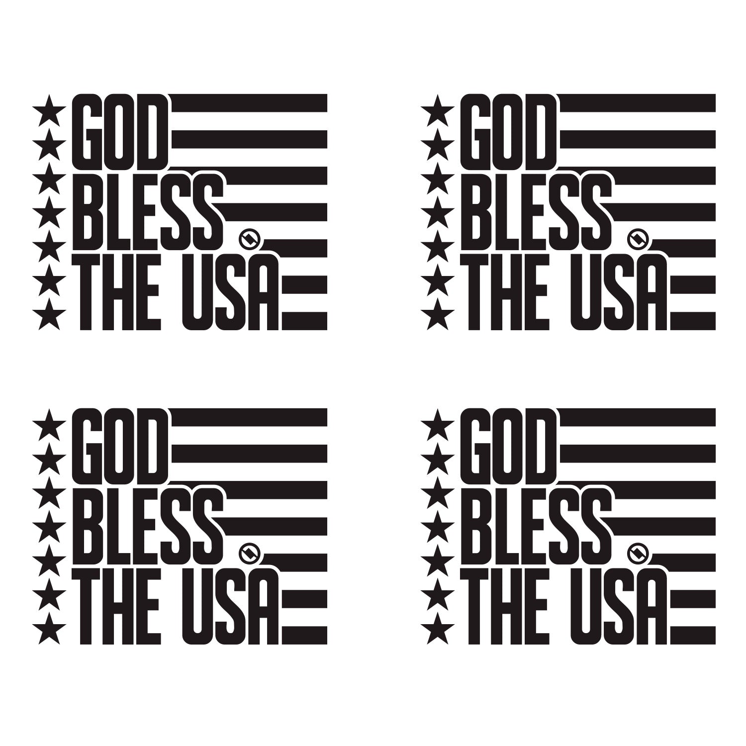Black 4.75 inch decal 4 pack with 'GOD BLESS THE USA' stars and stripes design.