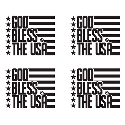 Black 4.75 inch decal 4 pack with 'GOD BLESS THE USA' stars and stripes design.