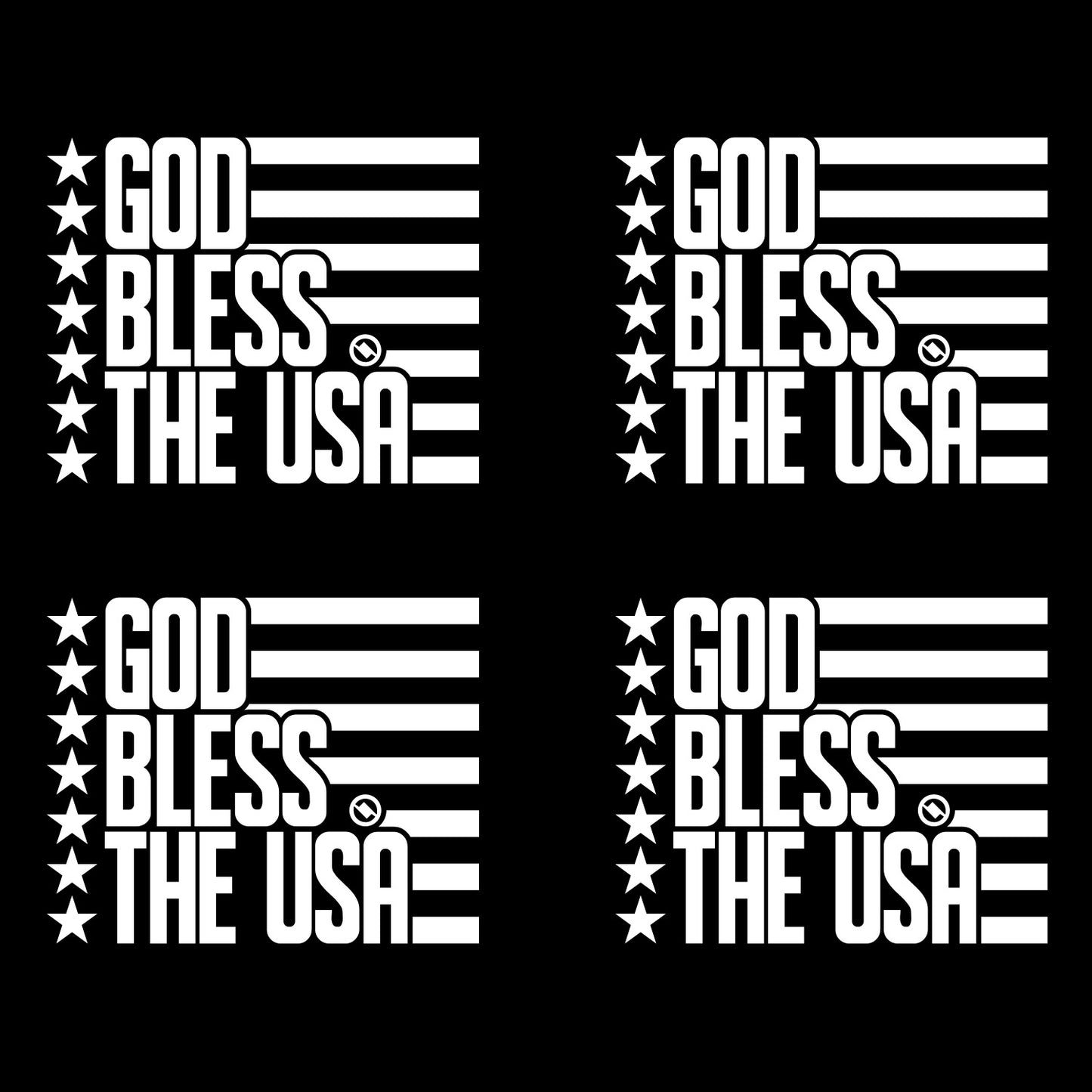 White 4.75 inch decal 4 pack with 'GOD BLESS THE USA' stars and stripes design.