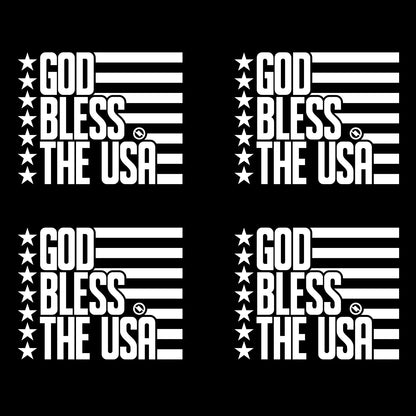 White 4.75 inch decal 4 pack with 'GOD BLESS THE USA' stars and stripes design.