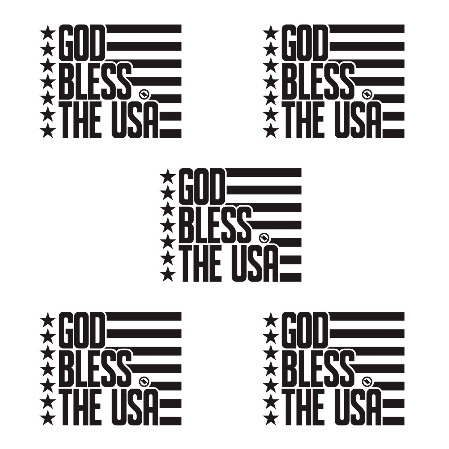Black 4.75 inch decal 5 pack with 'GOD BLESS THE USA' stars and stripes design.