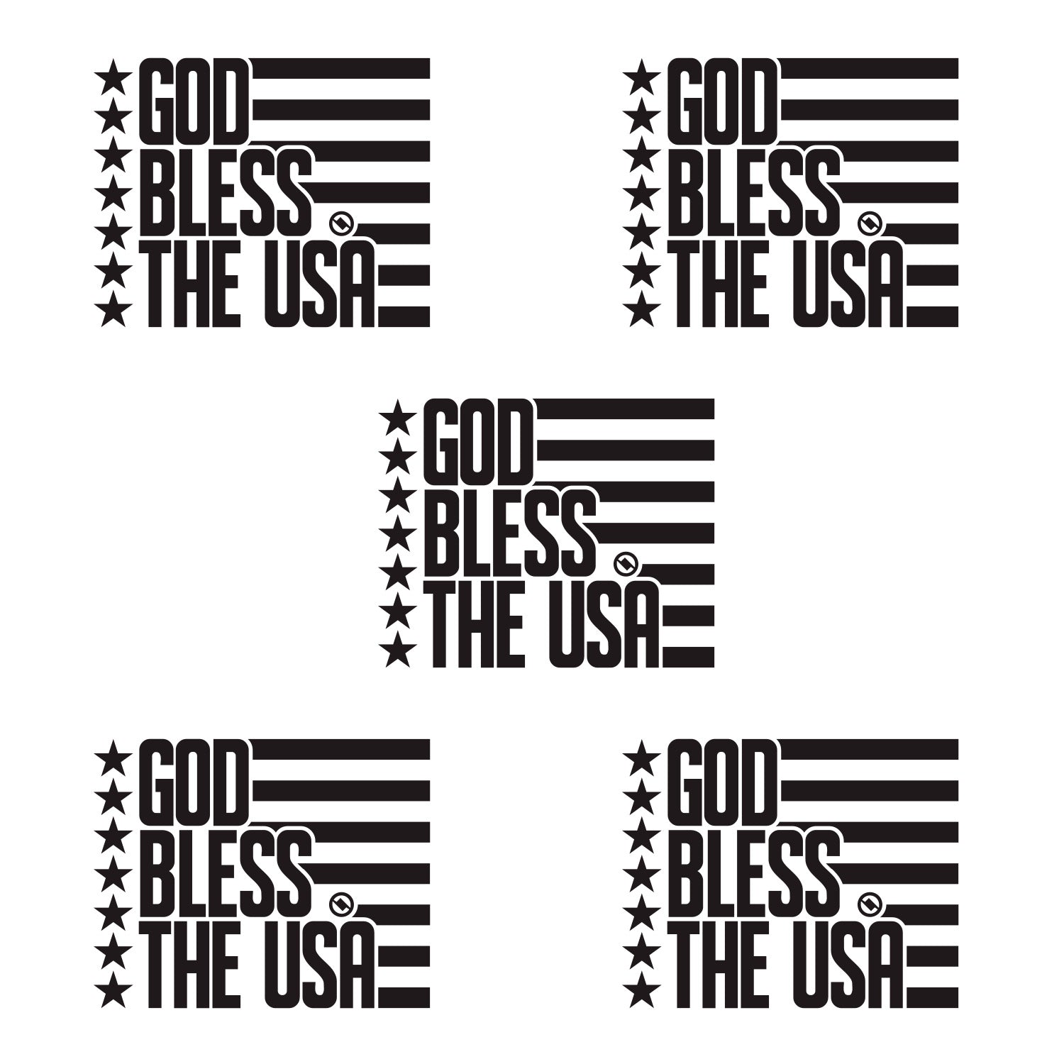 Black 4.75 inch decal 5 pack with 'GOD BLESS THE USA' stars and stripes design.