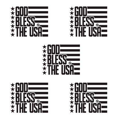 Black 4.75 inch decal 5 pack with 'GOD BLESS THE USA' stars and stripes design.