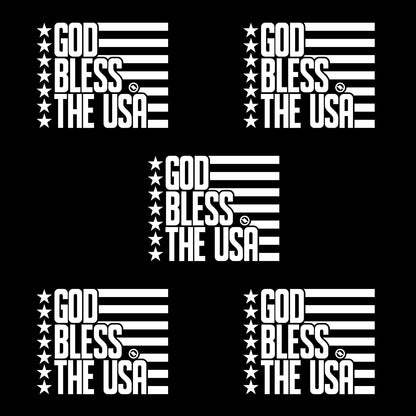 White 4.75 inch decal 5 pack with 'GOD BLESS THE USA' stars and stripes design.