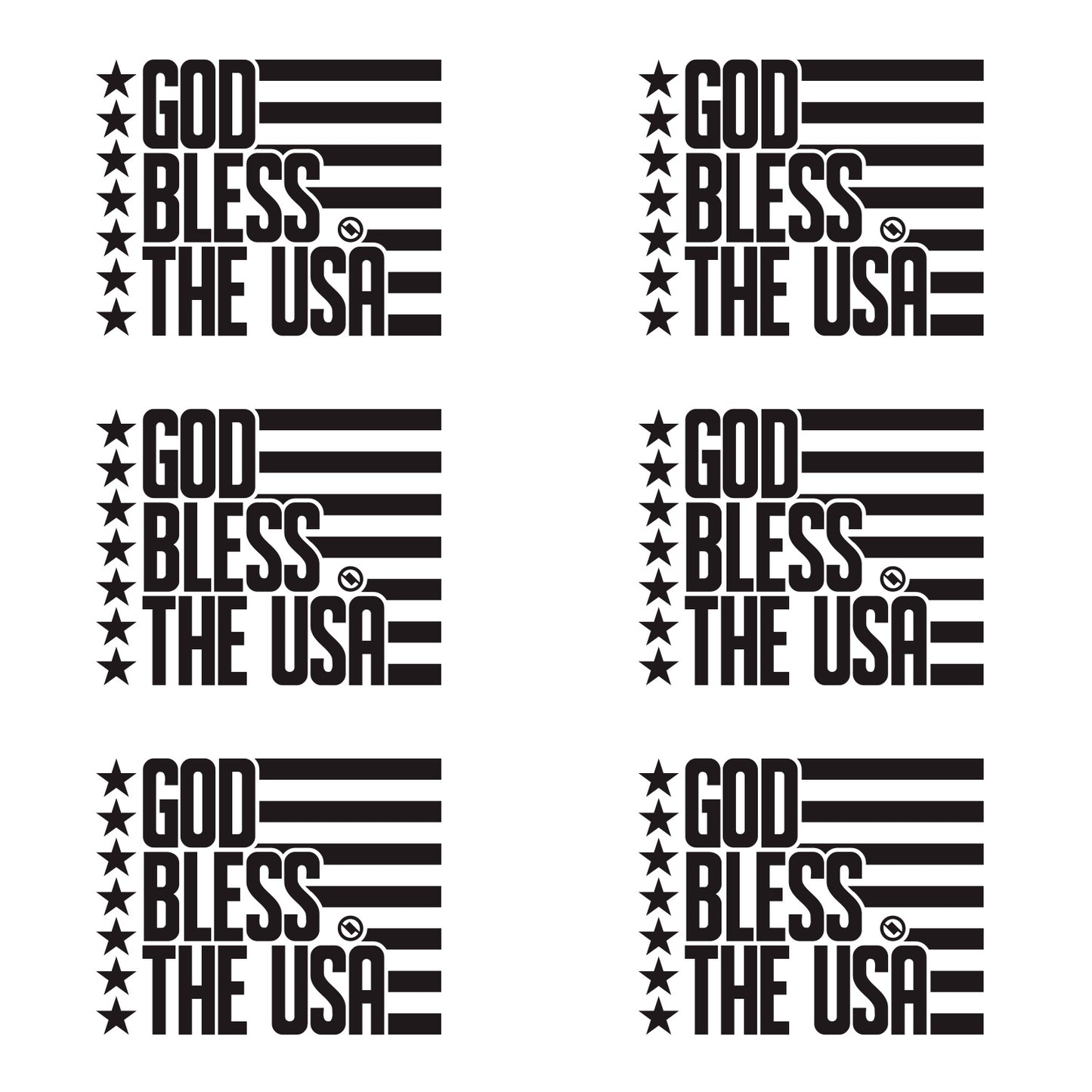Black 4.75 inch decal 6 pack with 'GOD BLESS THE USA' stars and stripes design.