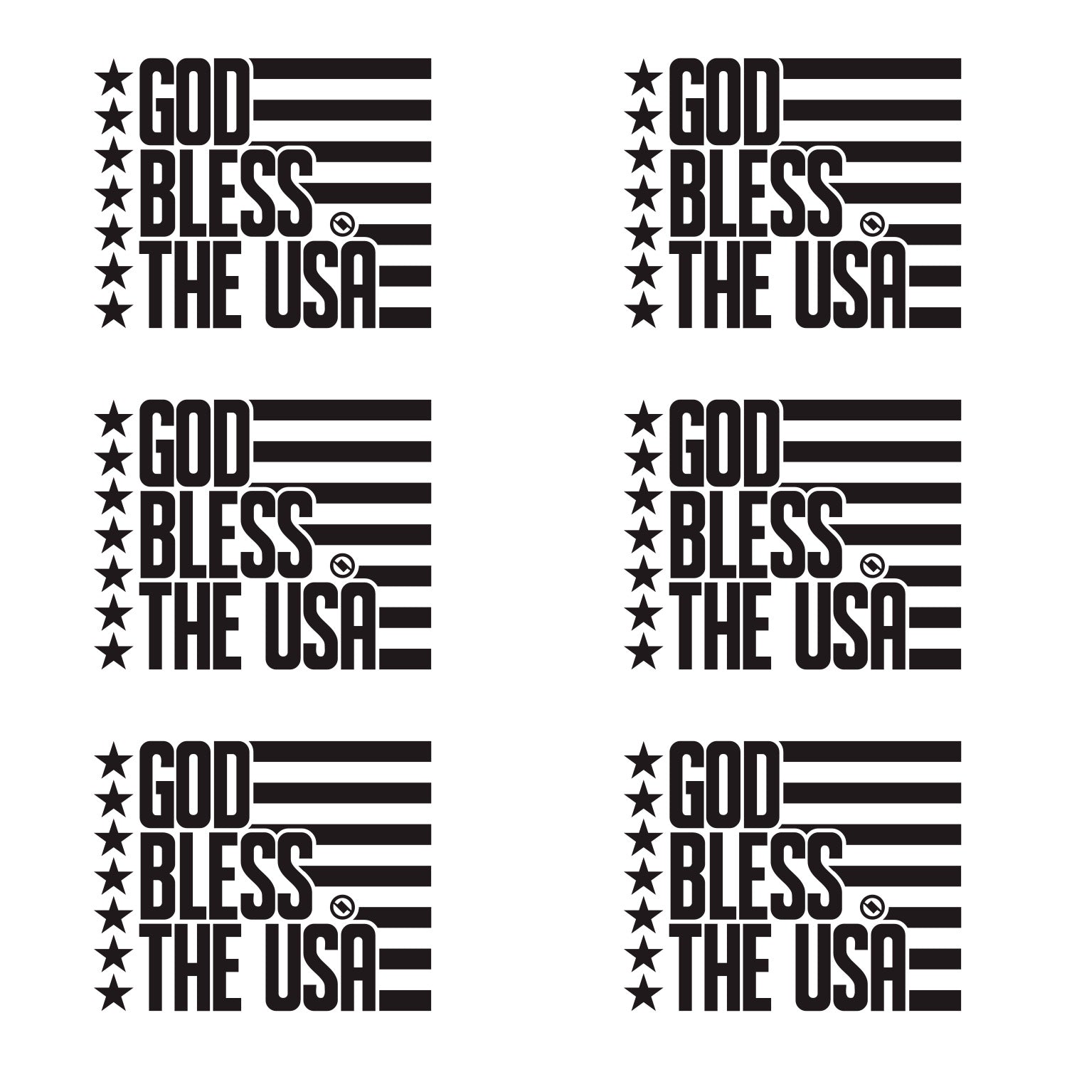 Black 4.75 inch decal 6 pack with 'GOD BLESS THE USA' stars and stripes design.
